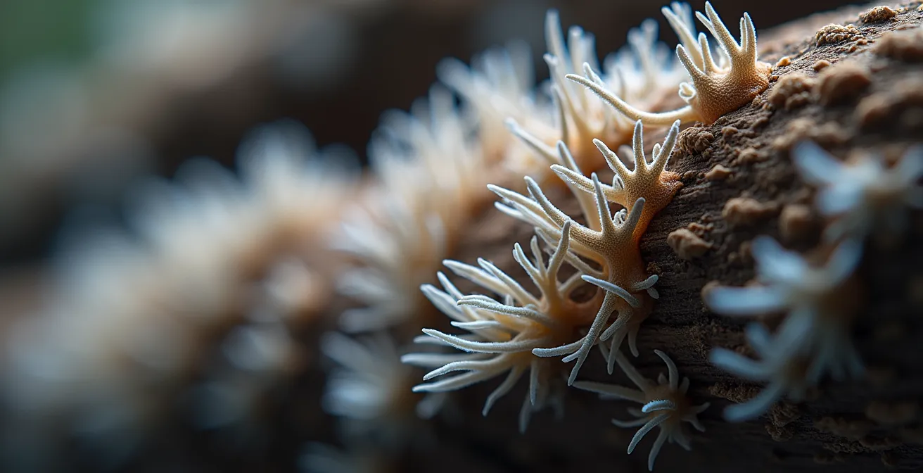 Vue microscopique de moisissure pénétrant dans du bois poreux