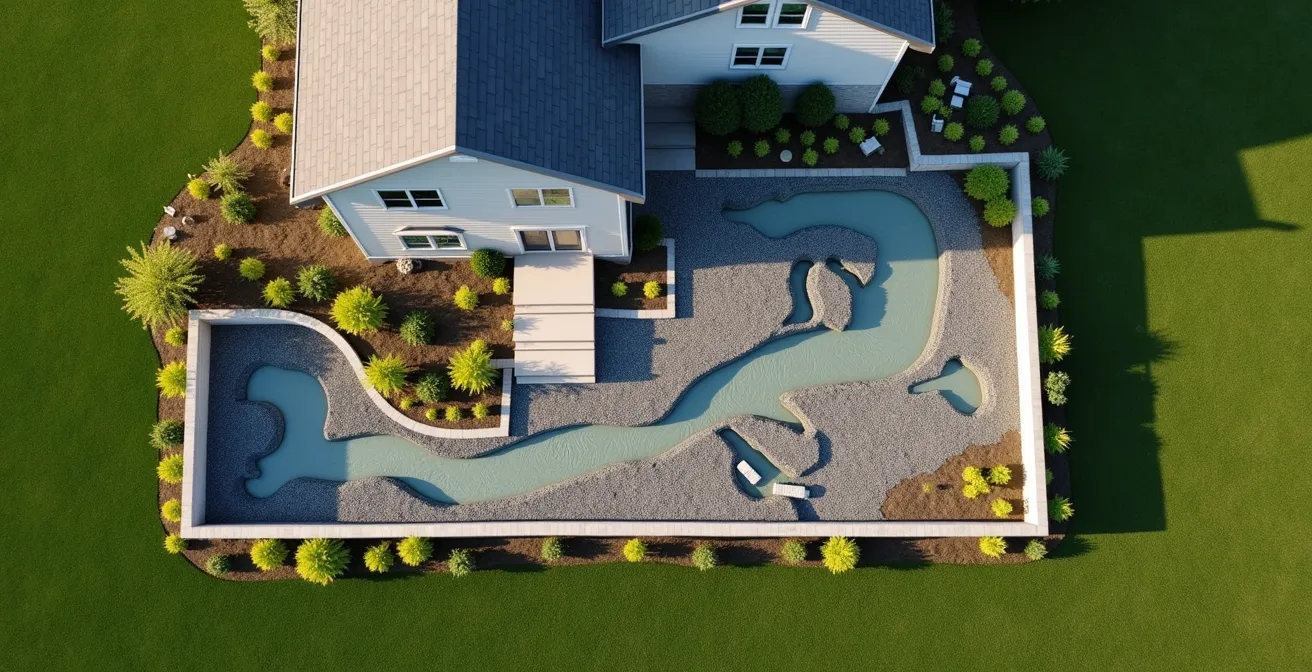 Vue aérienne d'un système de drainage avec jardin de pluie et rigoles de surface sur terrain plat québécois