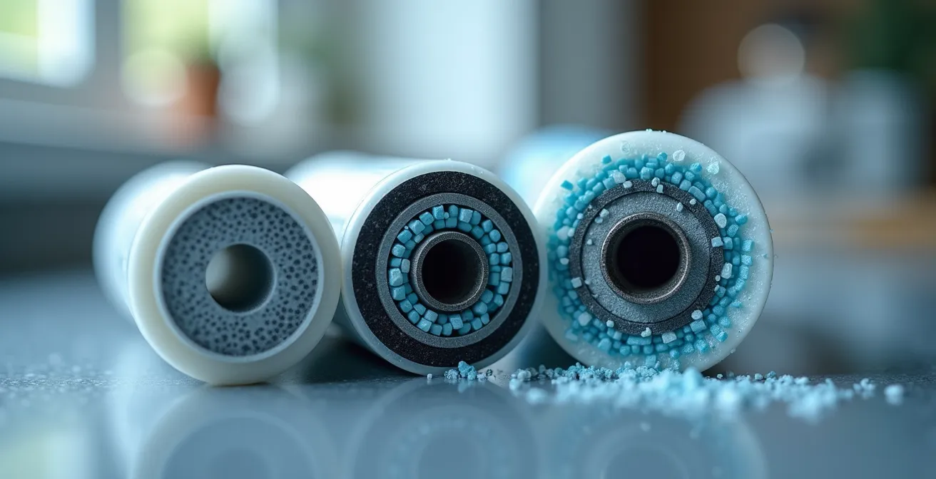 Gros plan sur différents types de filtres à eau disposés sur un comptoir de cuisine québécois