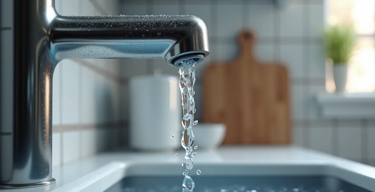Gros plan sur un système de filtration d'eau sous évier dans une cuisine québécoise