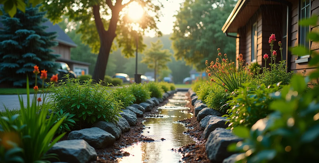 Système de récupération d'eau de pluie avec jardin de pluie intégré dans un aménagement paysager québécois