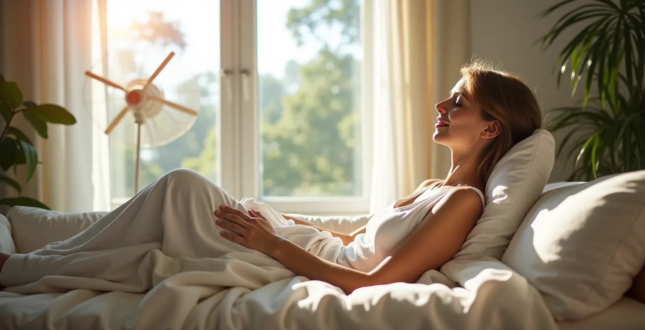 Personne profitant d'un intérieur confortable et lumineux dans une maison québécoise en été, illustrant l'efficacité d'un système VRE.