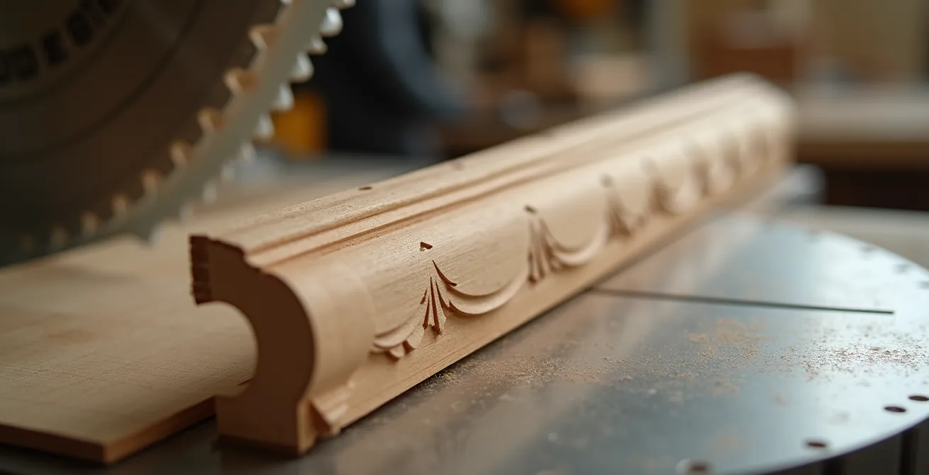 Moulure O'Gee positionnée sur une scie à onglets avec gabarit en carton