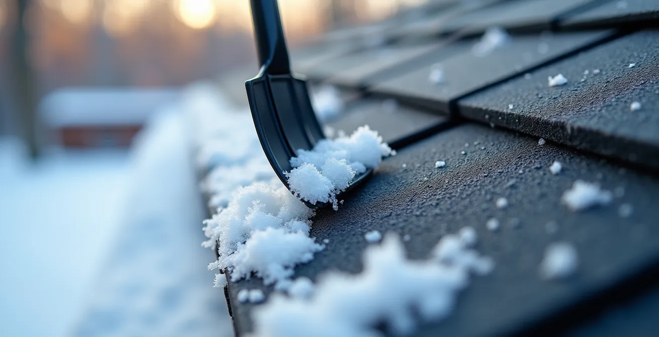 Vue macro d'un grattoir télescopique en plastique retirant délicatement la neige d'une toiture inclinée avec bardeaux d'asphalte