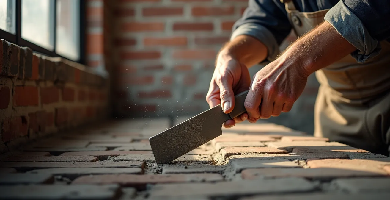 Comparaison visuelle entre retrait mécanique et manuel du mortier sur mur de briques anciennes
