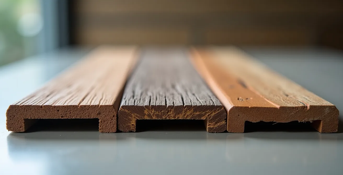 Échantillons de matériaux composites montrant différents niveaux de qualité et de dégradation après exposition aux cycles gel-dégel