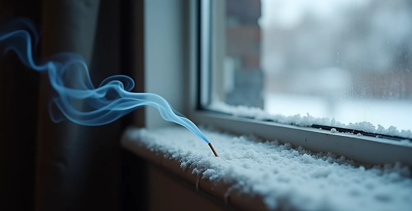 Test au bâton d'encens révélant une fuite d'air par une fine volute de fumée près d'un cadre de fenêtre.