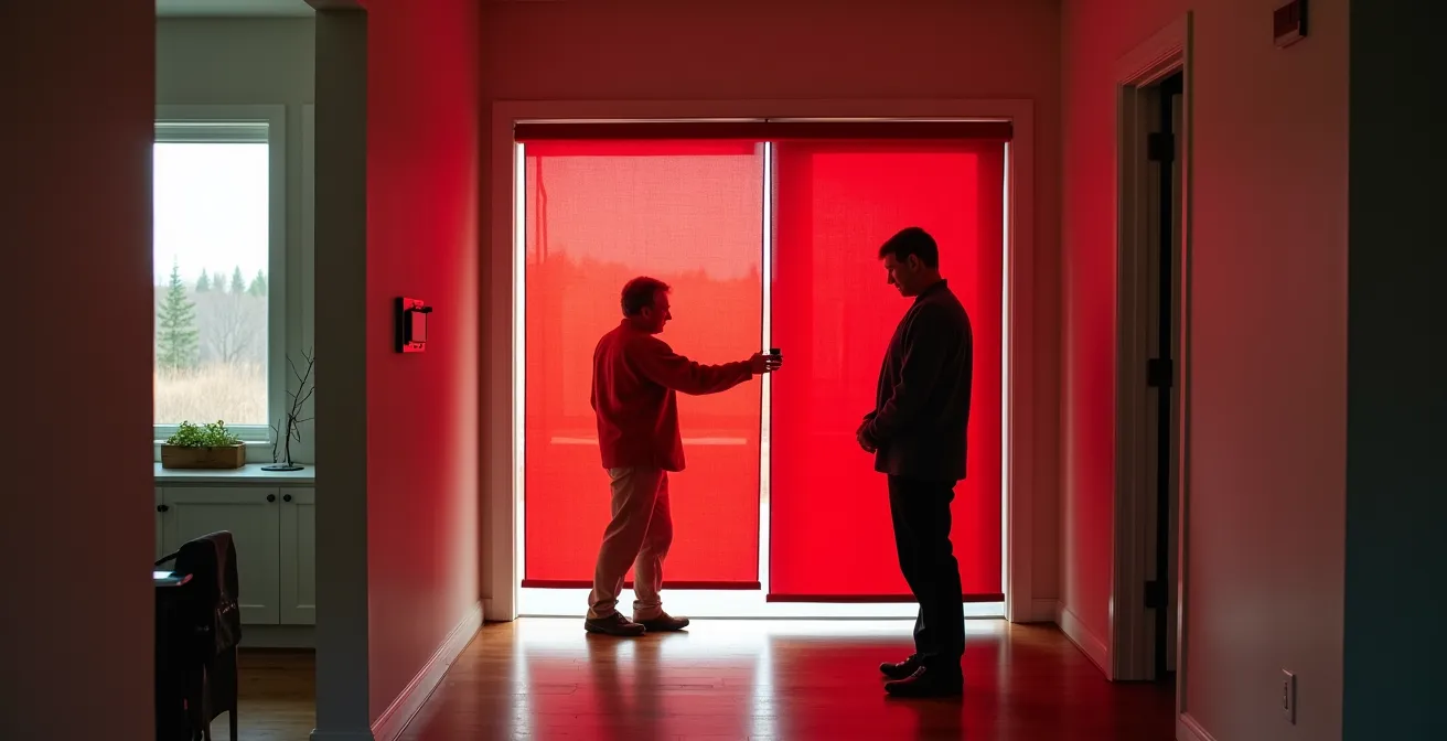 Test d'infiltrométrie en cours avec équipement de porte soufflante dans une maison québécoise