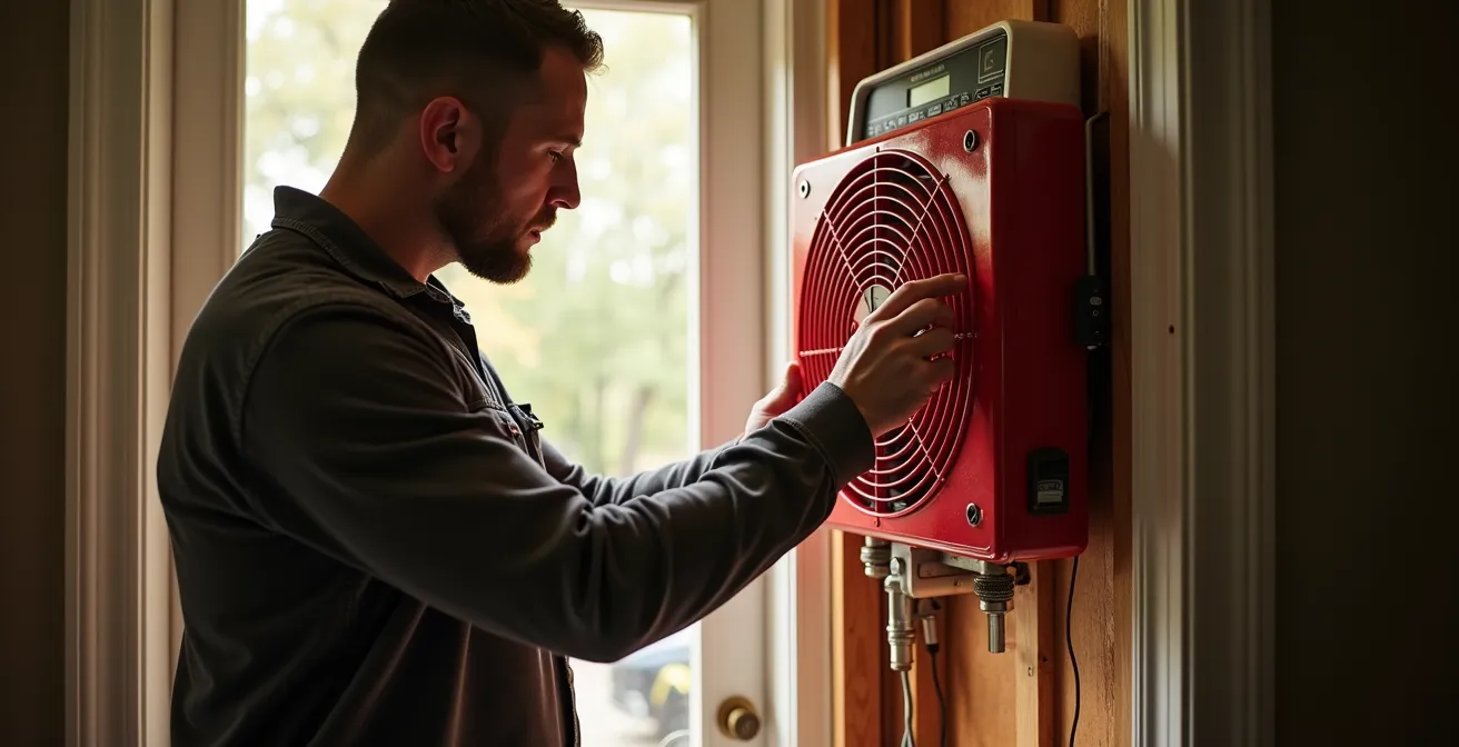 Technicien effectuant un test d'infiltrométrie avec équipement dans l'entrée d'une maison