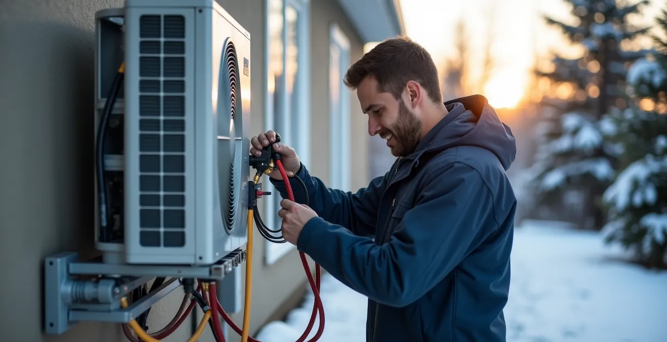 Installation d'une thermopompe centrale dans une maison québécoise avec neige en arrière-plan