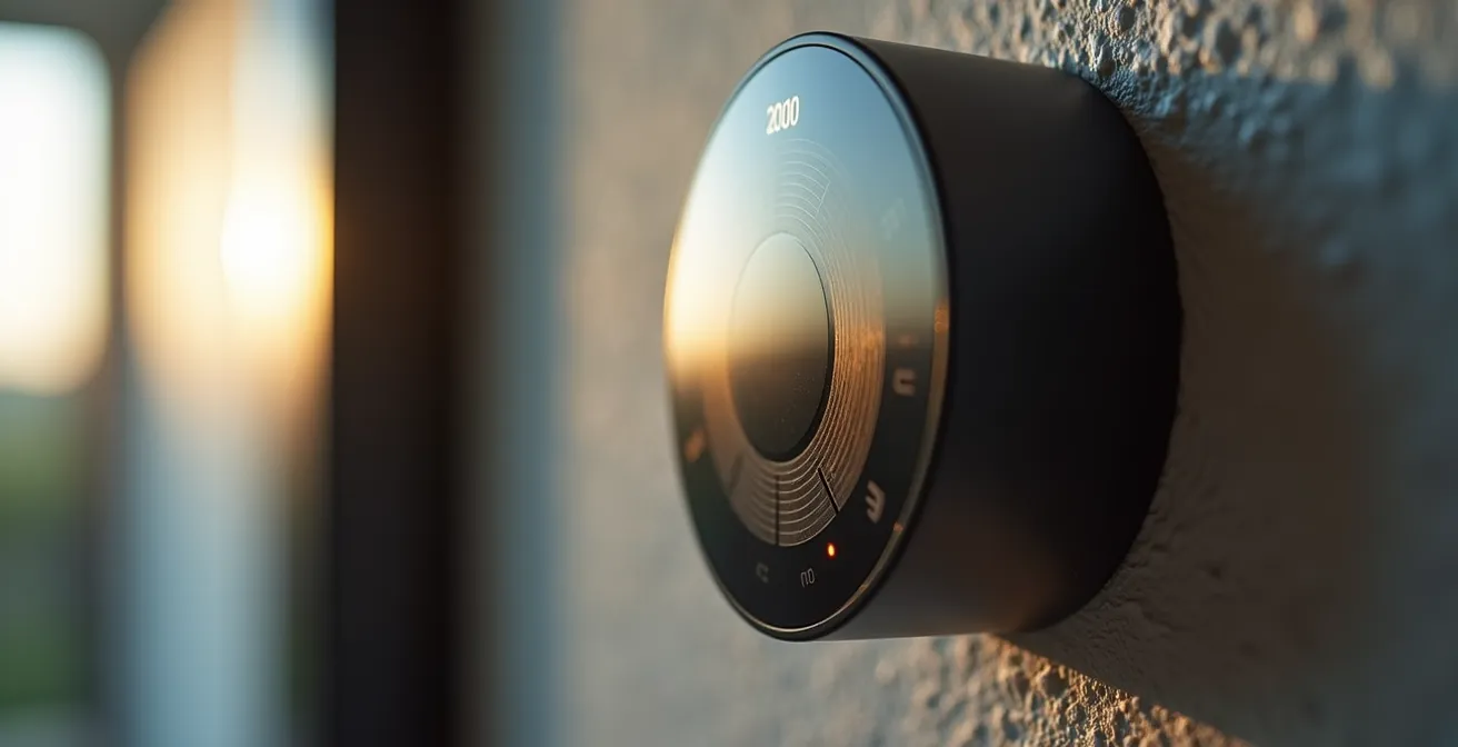 Gros plan sur un thermostat moderne affichant des graphiques de consommation énergétique