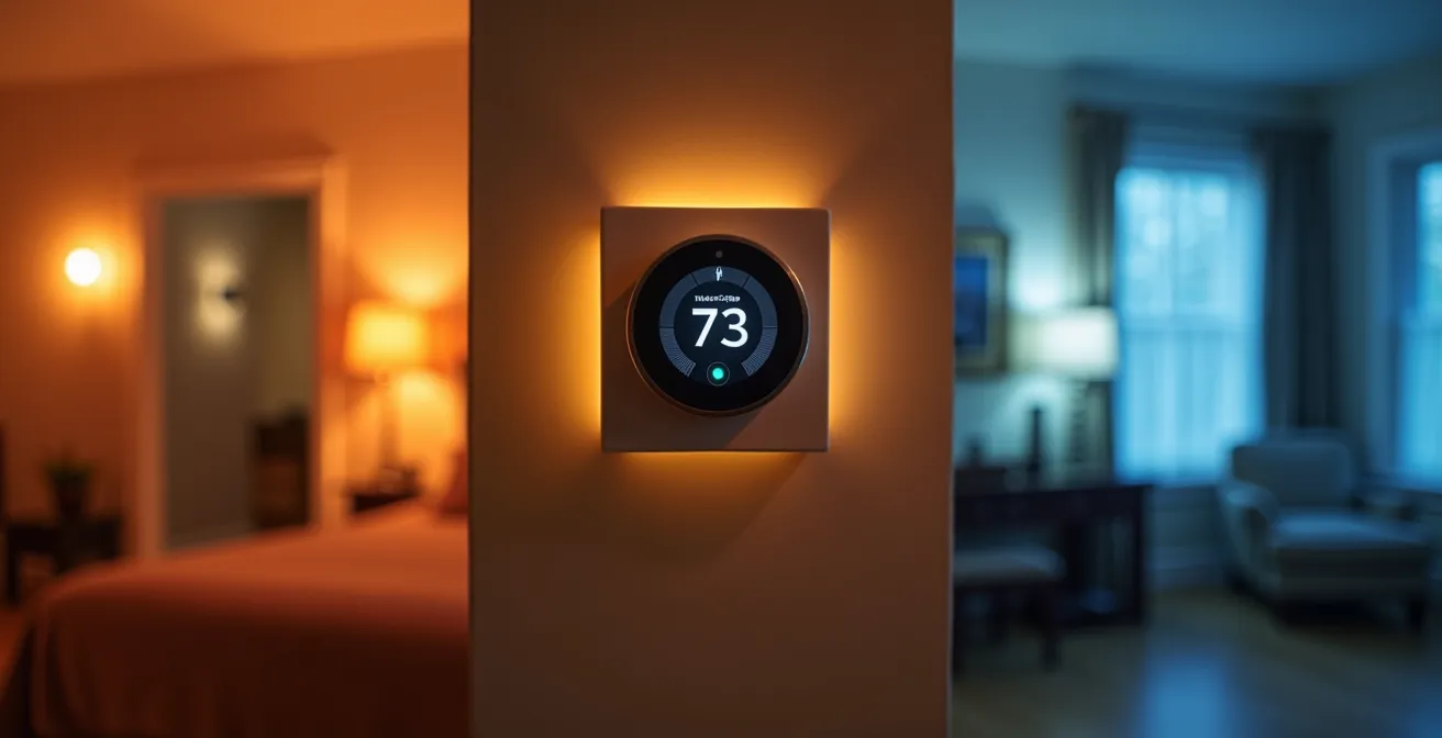 Plusieurs thermostats intelligents dans différentes pièces d'une maison québécoise, illustrant le concept de chauffage par zone.