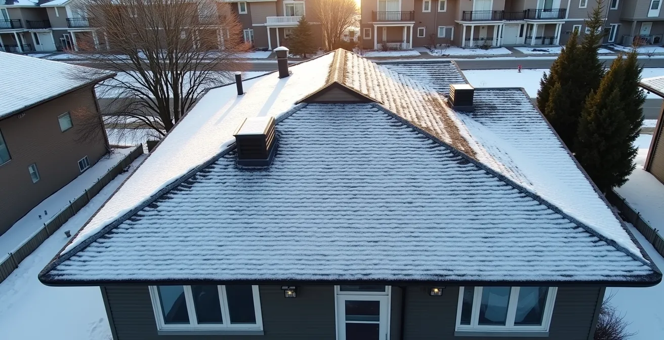 Vue aérienne d'une toiture résidentielle neuve avec bardeaux d'asphalte sous la neige à Montréal
