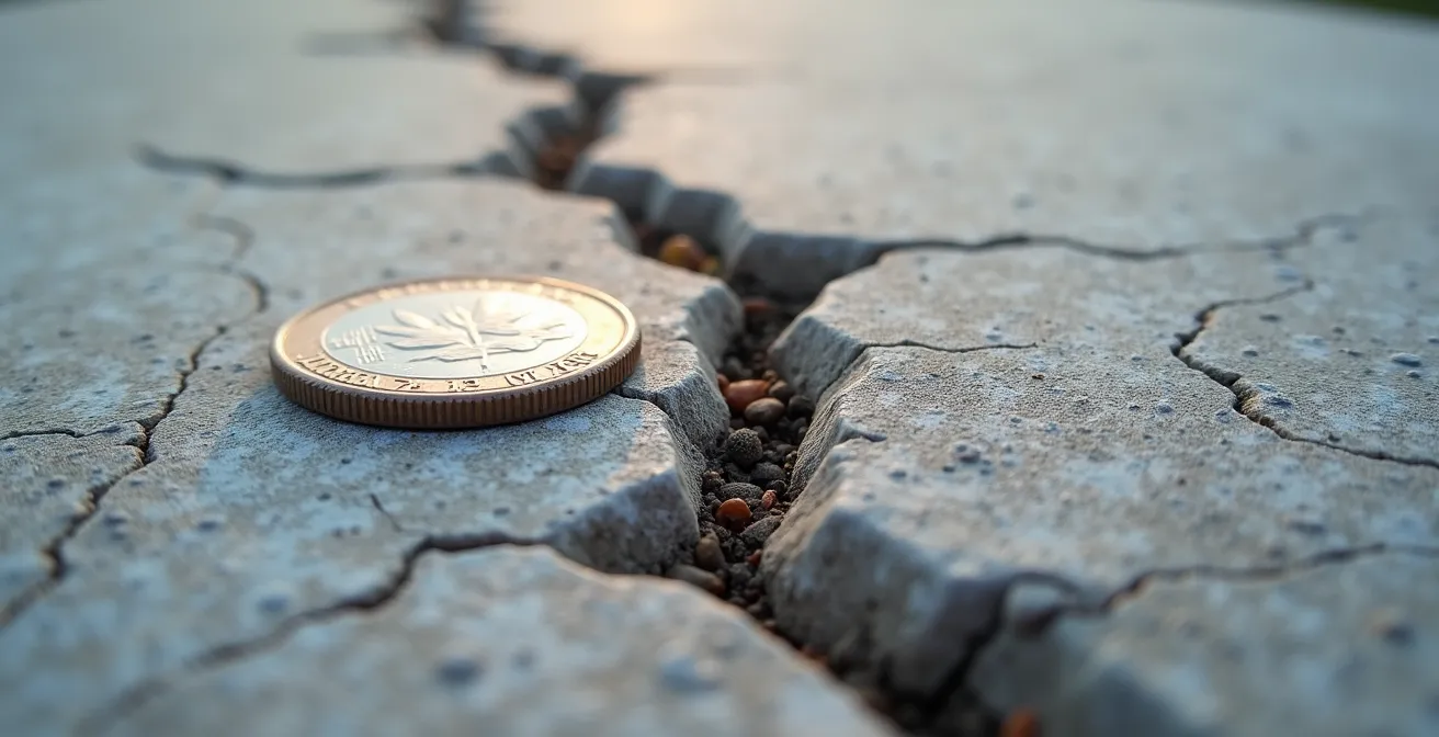 Comparaison visuelle entre fissure esthétique et fracture structurelle sur fondation en béton