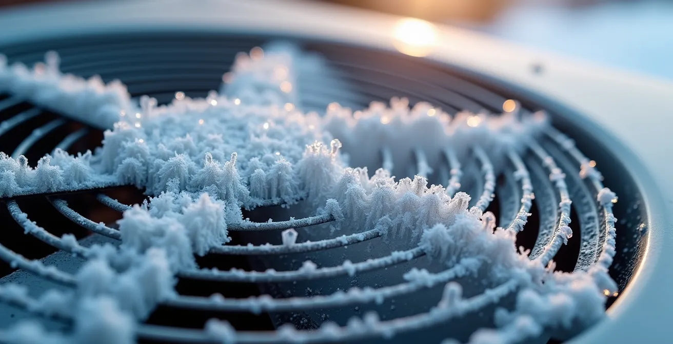 Unité extérieure de thermopompe correctement installée avec abri de protection contre la neige et support surélevé en hiver québécois