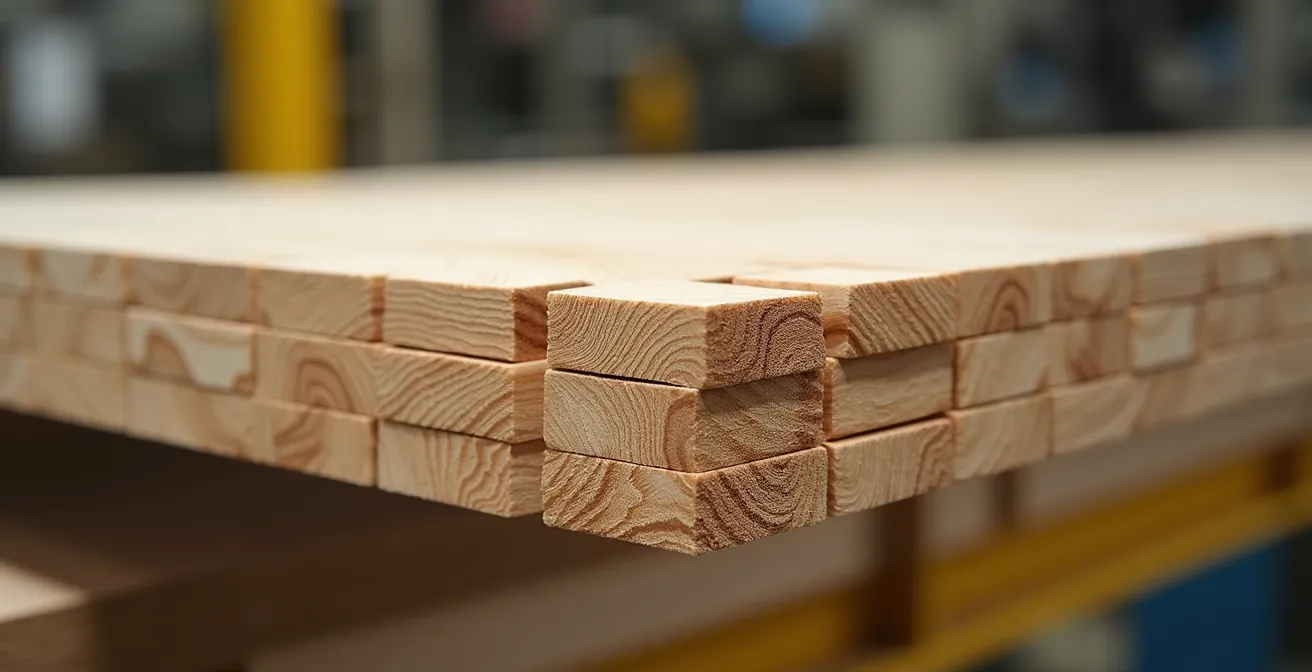 Vue macro des couches croisées d'un panneau CLT en cours de fabrication