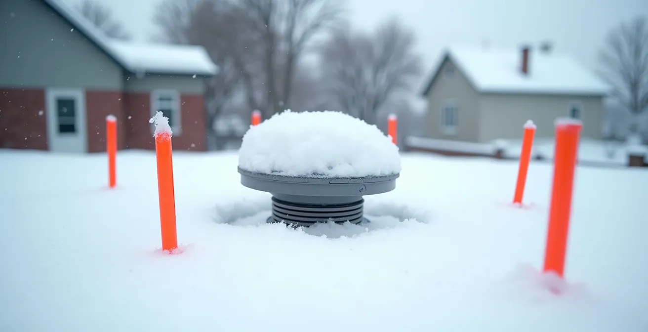 Ventilateur de toiture Maximum partiellement enneigé avec jalons de repérage colorés plantés autour