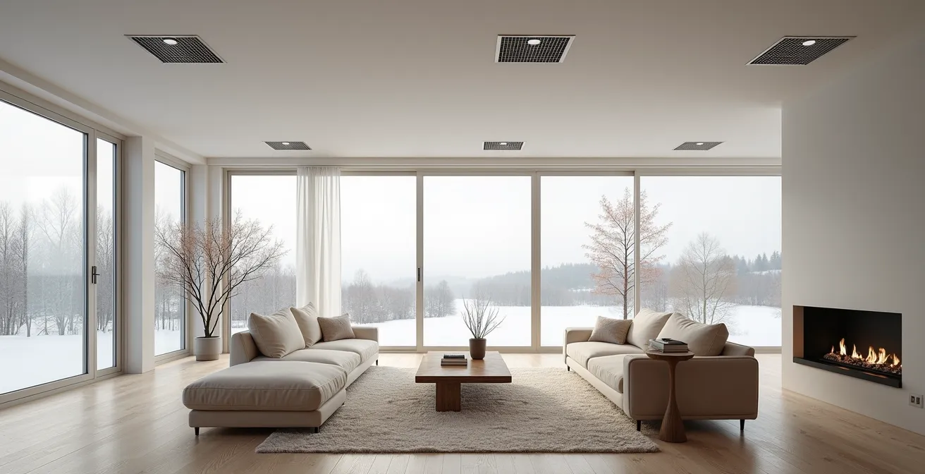 Vue d'ensemble d'un salon québécois moderne avec système de ventilation discret intégré au plafond