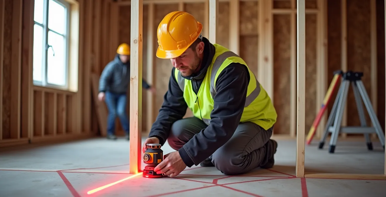 Ouvrier utilisant un niveau laser rotatif pour vérifier l'alignement des murs de fondation d'un chantier résidentiel.
