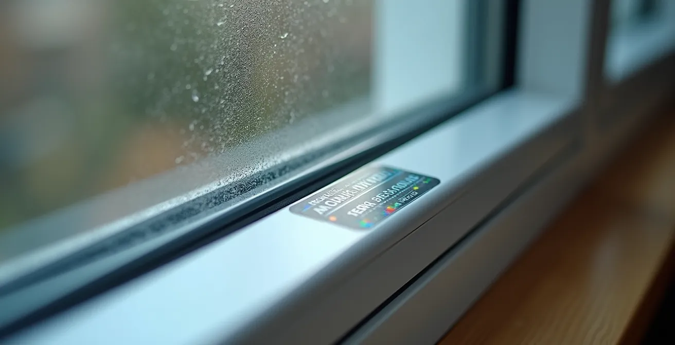 Gros plan d'une étiquette Energy Star sur le coin d'une fenêtre neuve avec arrière-plan flou