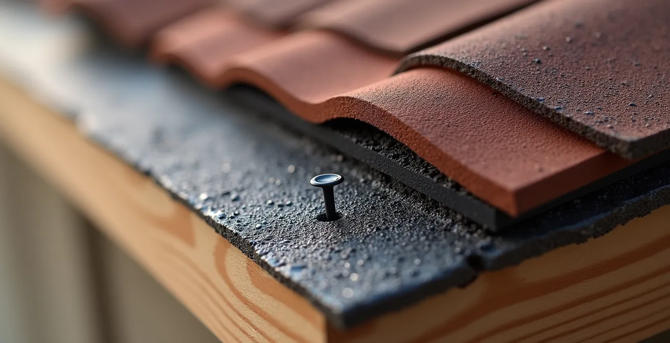 Schéma technique montrant la zone de clouage correcte sur bardeau architectural versus 3 pattes