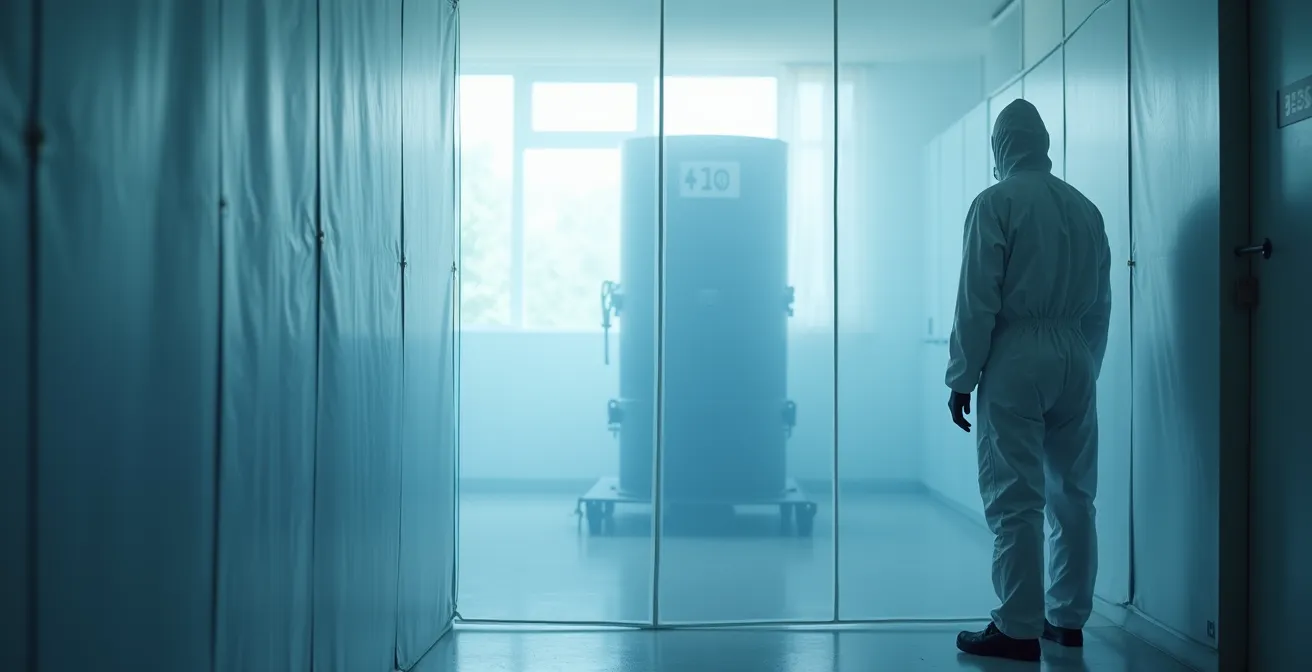 Installation professionnelle d'une zone de confinement avec polythène et machine HEPA