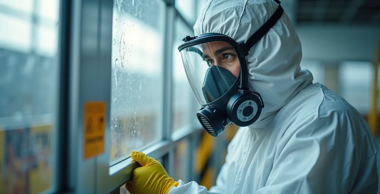 Zone de confinement pour désamiantage avec équipement de sécurité professionnel