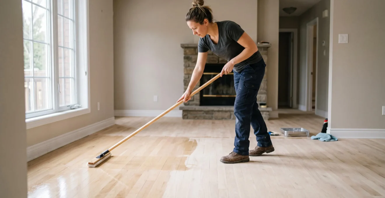 Professionnel appliquant une finition de polyuréthane sur un plancher de bois fraîchement sablé