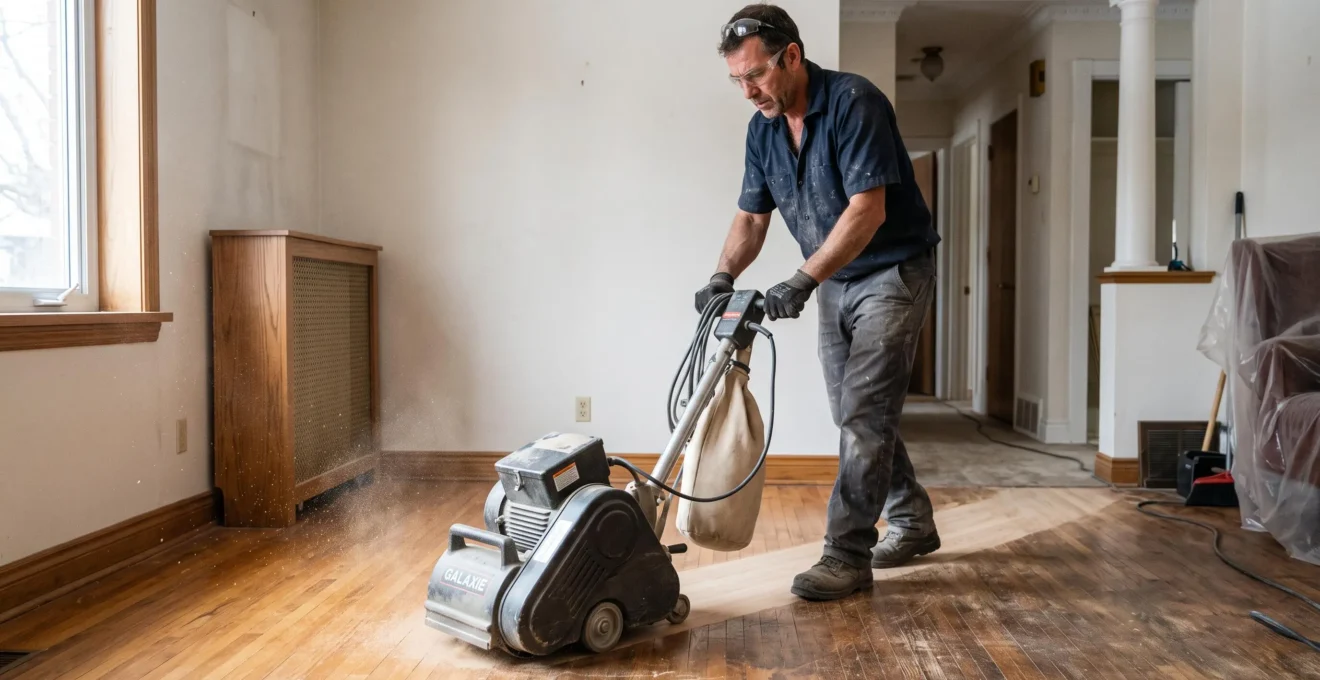 Professionnel utilisant une sableuse à tambour sur un plancher de bois franc dans une résidence québécoise
