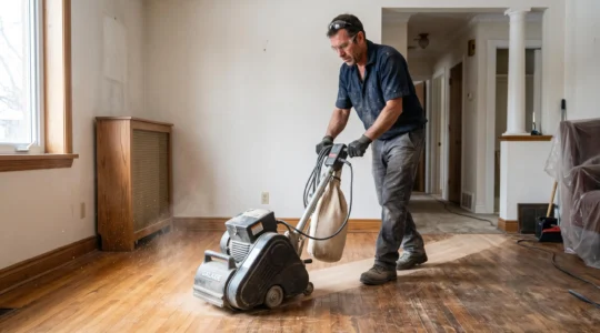 Professionnel utilisant une sableuse à tambour sur un plancher de bois franc dans une résidence québécoise