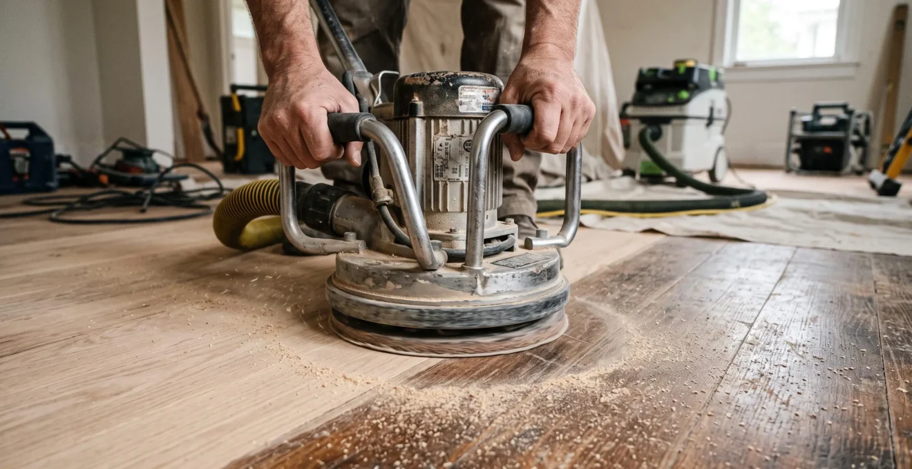 Gros plan d'une sableuse orbitale professionnelle en action sur un plancher de bois