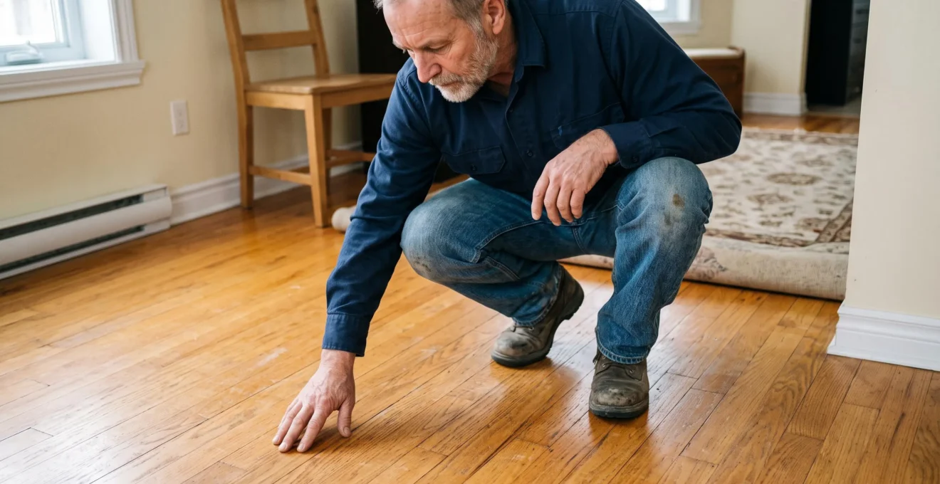 Spécialiste en plancher accroupi inspectant un plancher de chêne dans une résidence